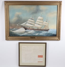 Gouache on Artist Board "Portrait of the Ship Freeman Clark" and Associated Document