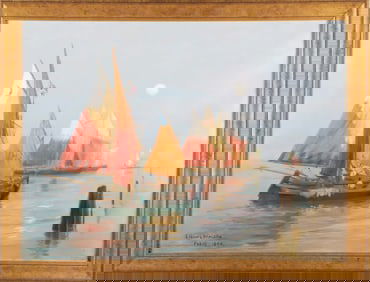 Lionel Walden Oil on Canvas, "French Fishing Fleet"