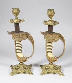 Pair of World War II Naval Bronze Sabre Handles Mounted as Candlesticks