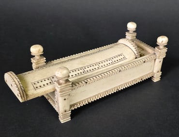 Antique French Prisoner of War Carved Bone Game Box, early 19th Century