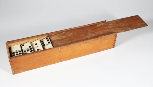 55 Piece Bone and Ebony Boxed Domino Set, 19th Century