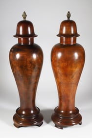 Pair of Treen Turned Wood Vases with Covers