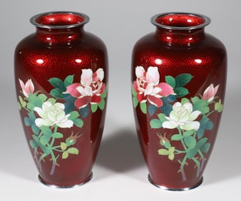 Pair of Japanese Akasuke Ginbari - Jippo Cloisonne Vases