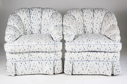 Pair of Polka Dot Upholstered Skirted Swivel Tub Chairs by Beachley