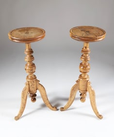 Pair of English Burlwood Tripod Plant Stands, 19th Century