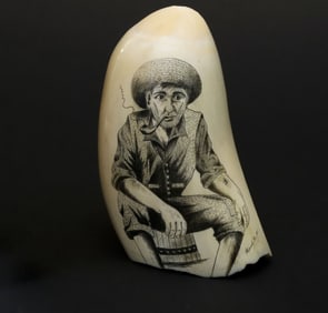 Fine Frank Barcelos Contemporary Scrimshaw Whale's Tooth, Mid 20th Century