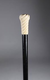 Carved Antique Whale Ivory and Ebony Walking Stick, 19th Century
