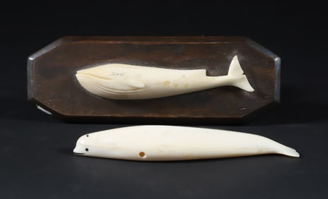 Two Antique Walrus Ivory Carved Whales, 19th Century
