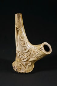 Carved Stag Horn Pipe with Bas Relief Hunter and Prey Decoration