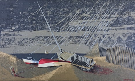 Scarce Robert “Bobby” Bushong Nantucket Oil on Linen, “Beached Dorys”, Painting,