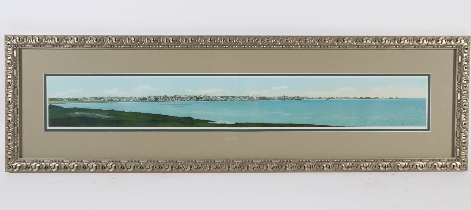 Marshall Gardiner Narrow Postcard View of Nantucket: Marshall Gardiner (1884-1942) Narrow Postcard View of Nantucket, double matted and framed 4.5 in x 33 in. Framed 12 in. x 40 in.