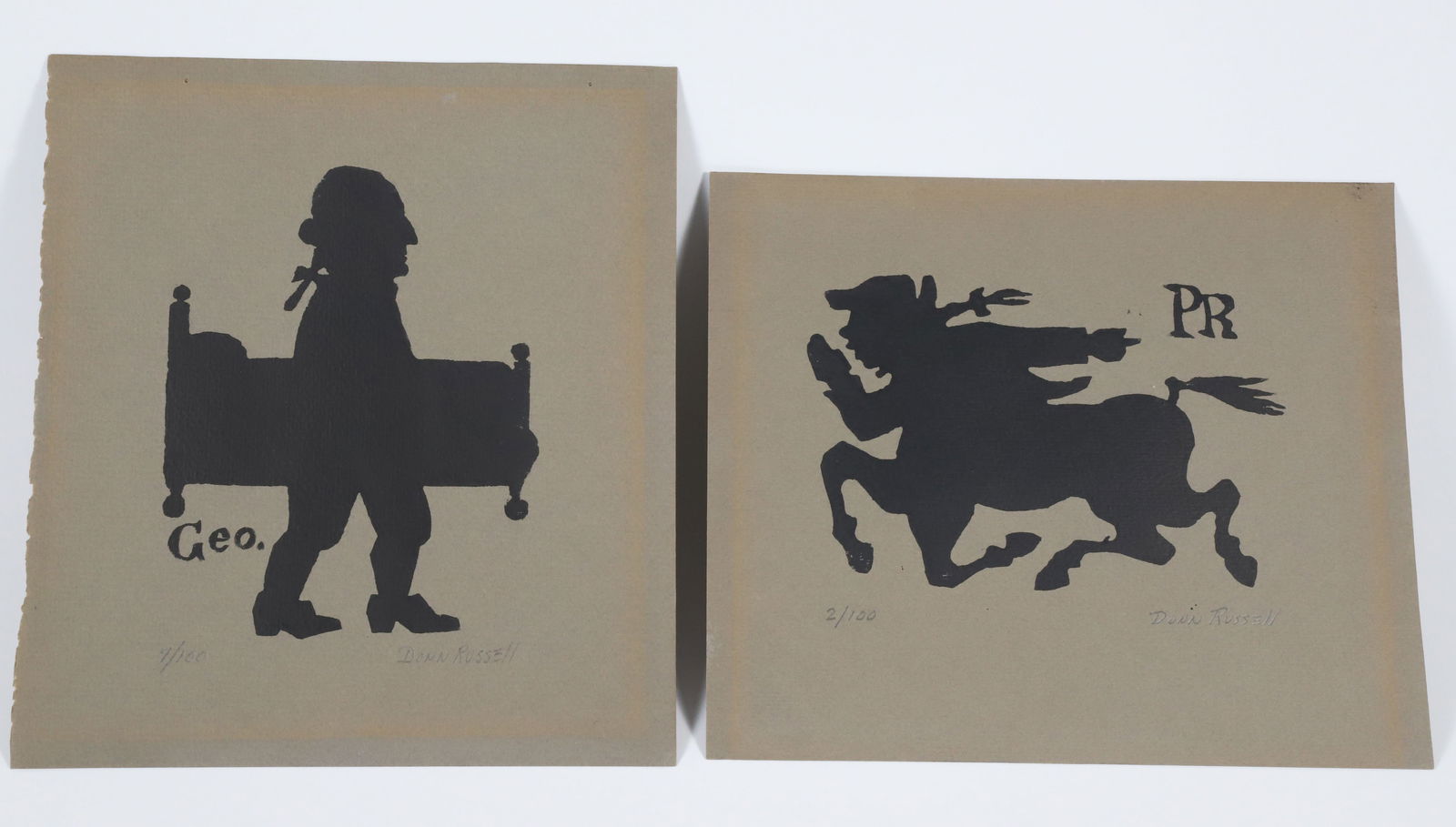 Two Donn Russell Limited Edition Prints, Paul Revere and George Washington: Two Donn Russell Limited Edition Prints: Paul Revere #2/100, George Washington #7/100, both pencil signed, unframed Overall 10 in. x 9 in.