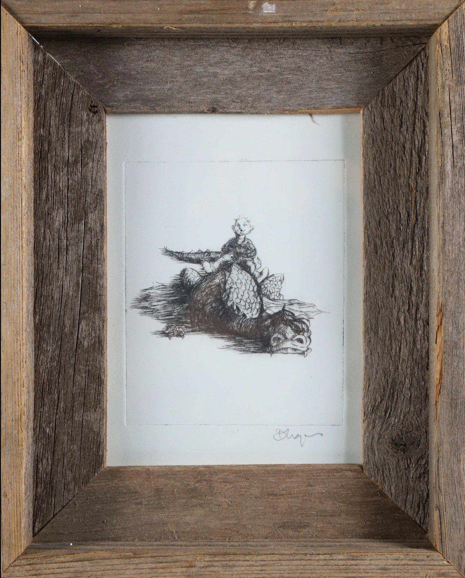 David Lazarus Black and White Etching of a Boy and His Dragon (1 of 4)