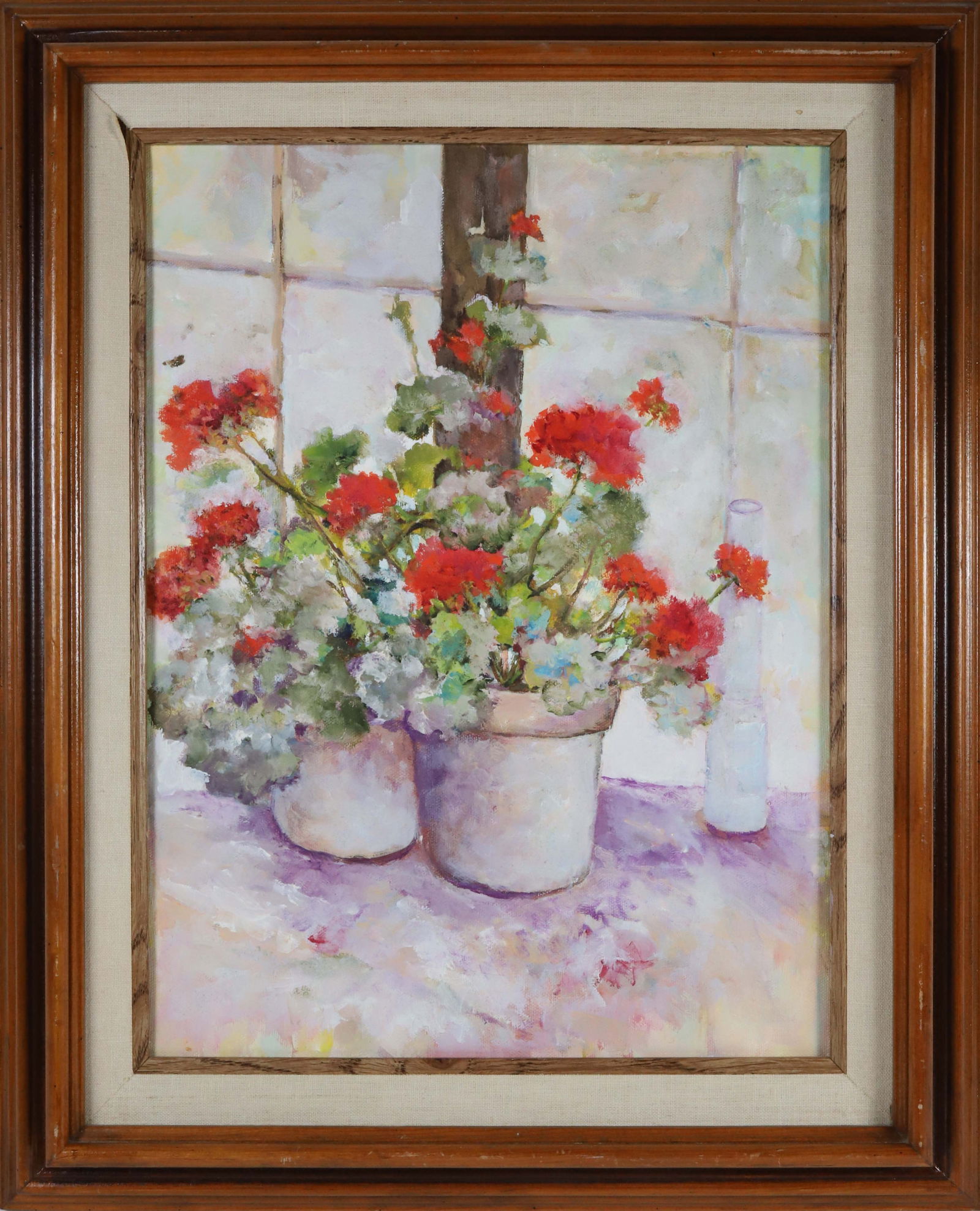 Peter Guarino Oil on Canvas "Duet": Peter Guarino (20th / 21st Century) Oil on Canvas "Duet", depicting potted red geraniums still life, matted and framed 16 in. x 12 in. Framed 21 in. x 17 in.