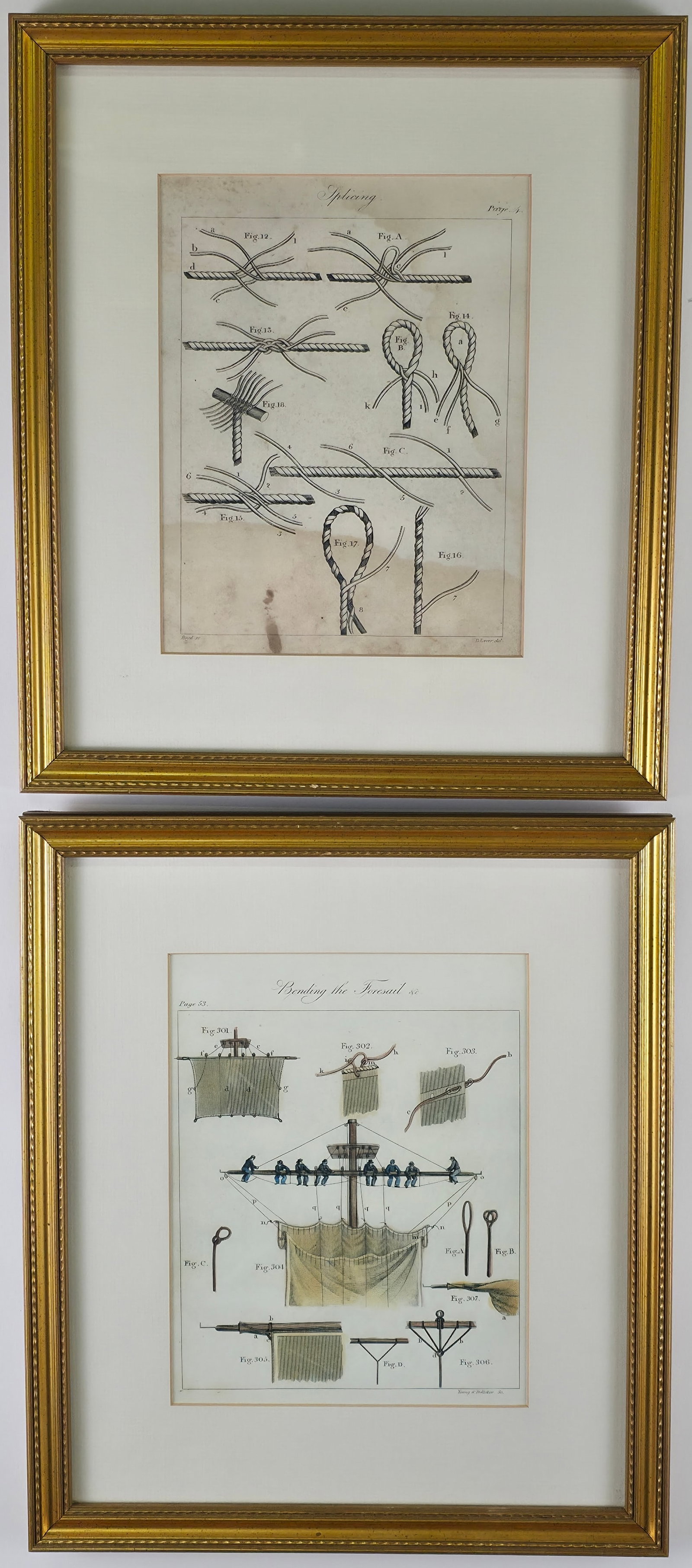 Two Antique Naval Maritime Colored Lithographs, "Bending the Foresail", and, "Splicing" (1 of 6)