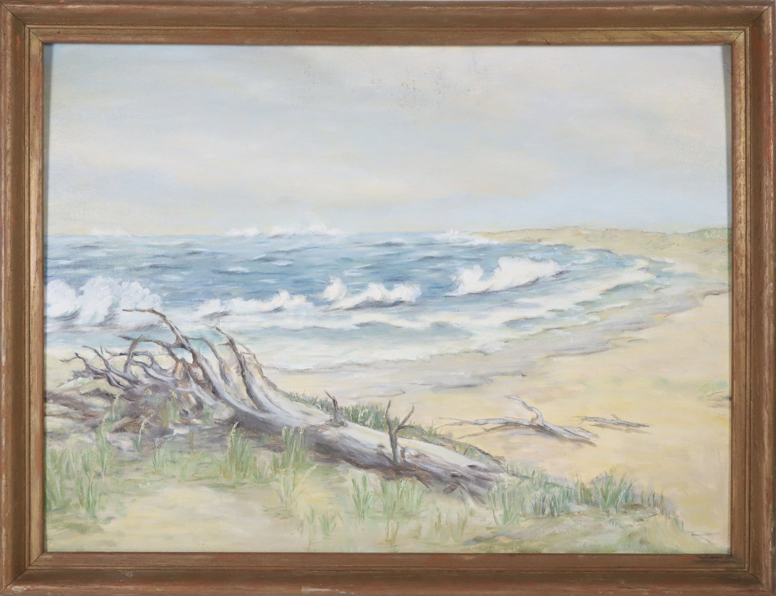 Elin Johnson Vintage Oil on Board "Surfside Driftwood": Elin Johnson Vintage Oil on Board "Surfside Driftwood", signed lower right Elin Johnson, in molded wood frame