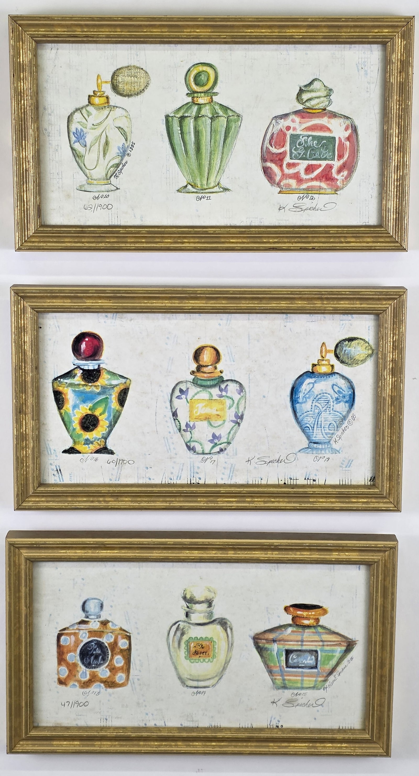 Three Kolen Spicher Limited Edition Perfume Bottle Prints: Three Kolen Spicher Limited Edition Perfume Bottle Prints, circa 1995 Overall 6.5 in. X 11.25 in.