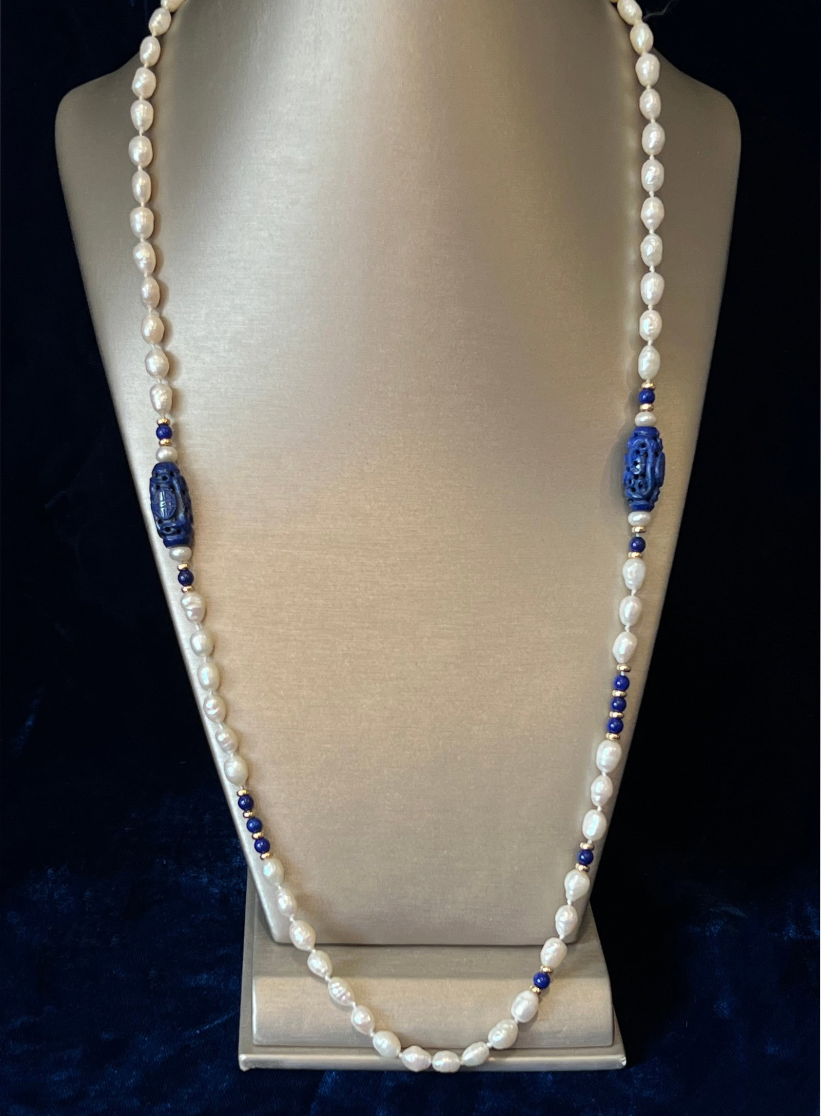 Vintage Carved Lapis Lazuli Fresh Water Pearl Necklace, 14k Gold Clasp: Vintage Carved Lapis Lazuli Fresh Water Pearl Necklace, 14K Yellow Gold Clasp Length 25 in.