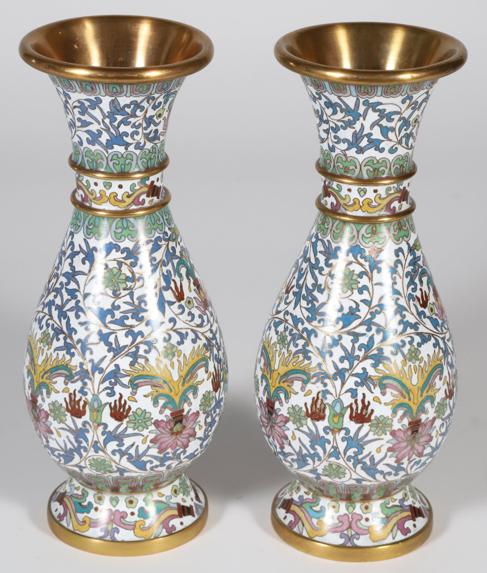 Pair of Vintage Asian Cloisonne Bud Vases: Pair of Vintage Asian Cloisonne Bud Vases Height 9 in. Provenance:?Collection of Susan Akers, 7 Pleasant Street, Nantucket Island, Massachusetts