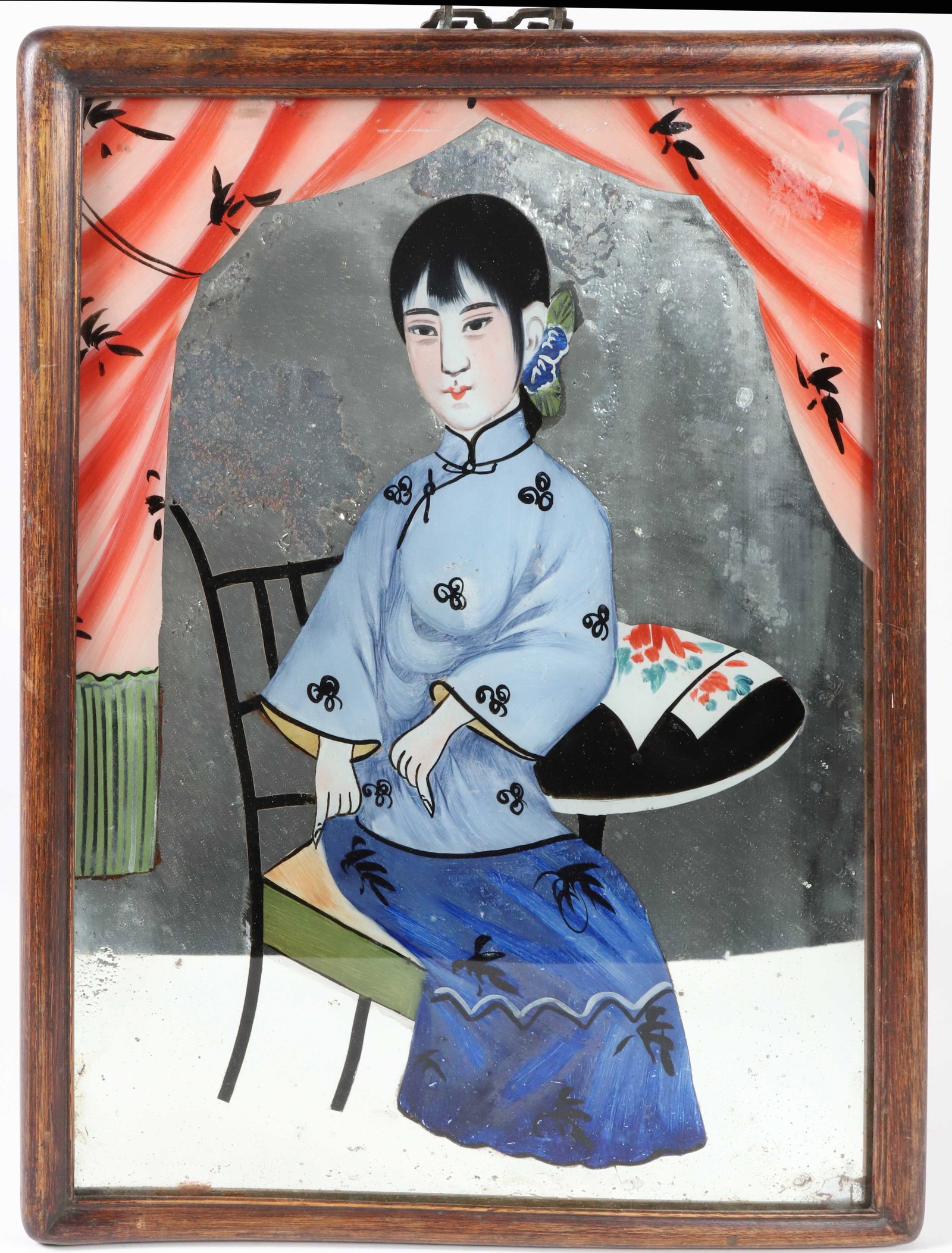 Chinese Reverse Painting on Mirror of a Geisha (1 of 3)