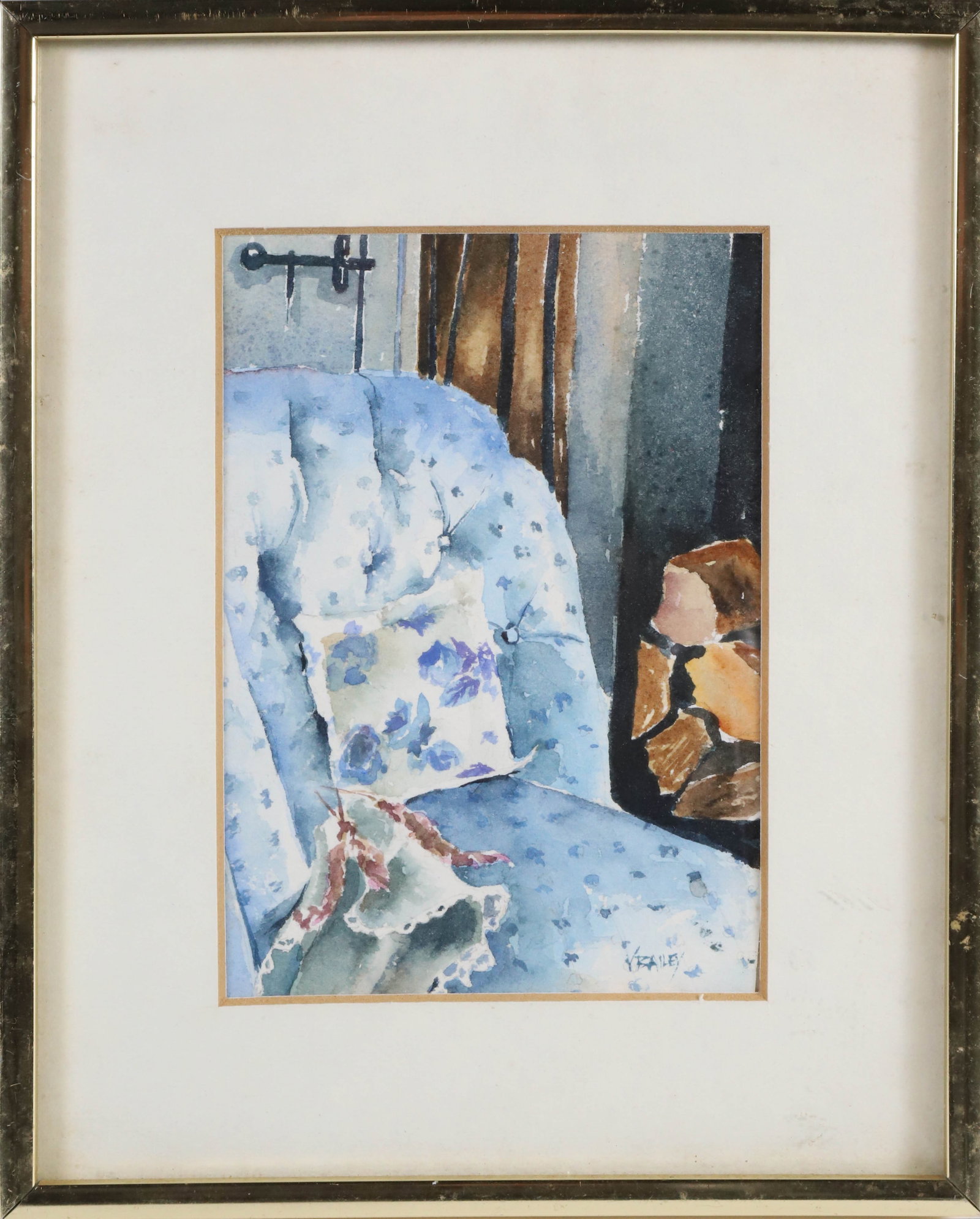 Victoria Bailey Watercolor on Paper "Blue Chair": Victoria Bailey (Nantucket b. 1962) Watercolor on Paper "Blue Chair", signed lower right V. Bailey and on reverse, matted and framed