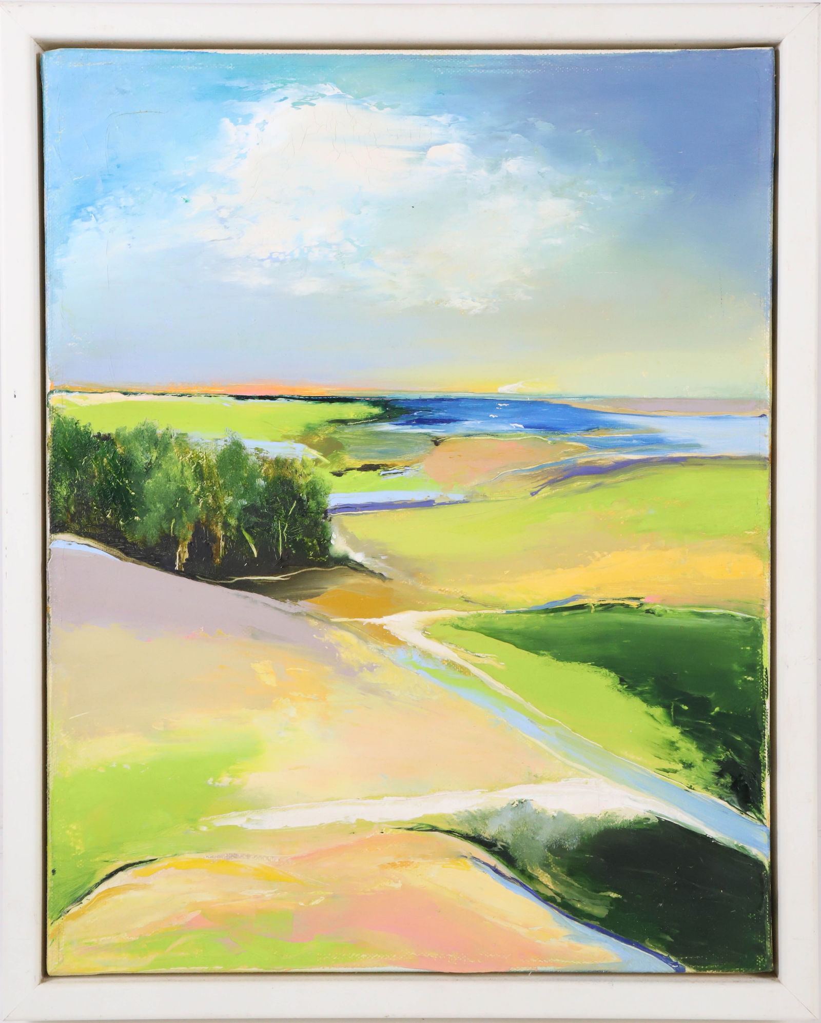 Gay P. Held "Horizon #1 2007" Oil on Canvas: Gay P. Held Oil on Canvas "Horizon #1 2007", signed and dated on reverse, in white wood frame 14 in. x 11 in. Framed 15 in. x 12 in.