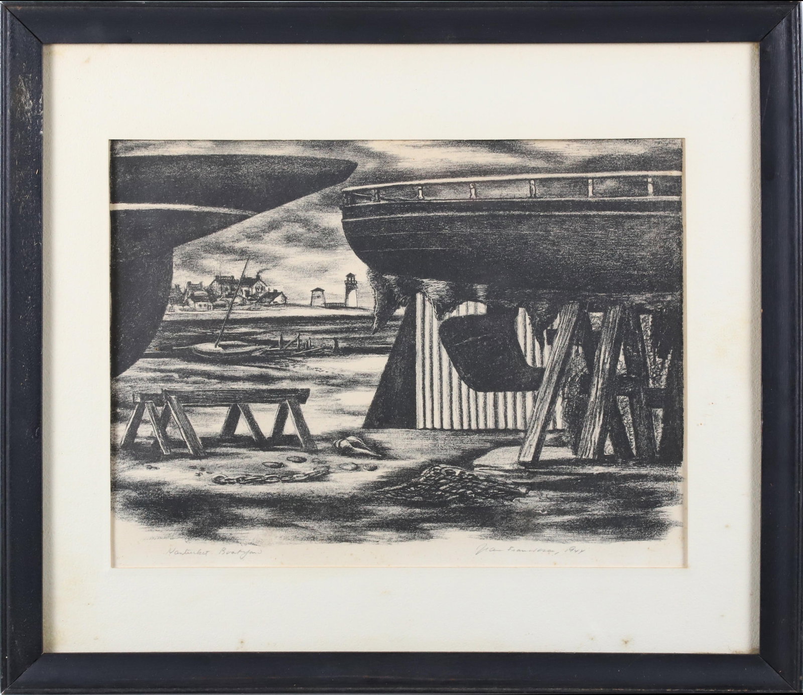 Artist's Proof "Nantucket Boatyard": Artist's Proof "Nantucket Boatyard", signed and dated lower right 1944, matted and framed