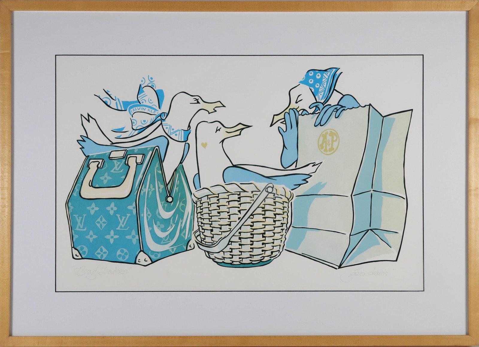 George Davis Silk Screen "Bag Ladies": George Davis Silk Screen "Bag Ladies", pencil titled and signed Geo Davis, matted and framed 14 in. x 22 in. Overall 21 in. x 19 in.