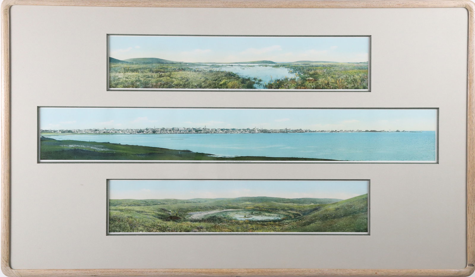 Three Marshall Gardiner Long Nantucket Postcards in One Frame: Three Marshall Gardiner (1884-1942) Long Nantucket Postcards, matted and framed in one wood frame. Views of Moorlands and Polpis Harbor, Nantucket from Monomoy Shore, and Long Pond in Saul's Hills. Ov