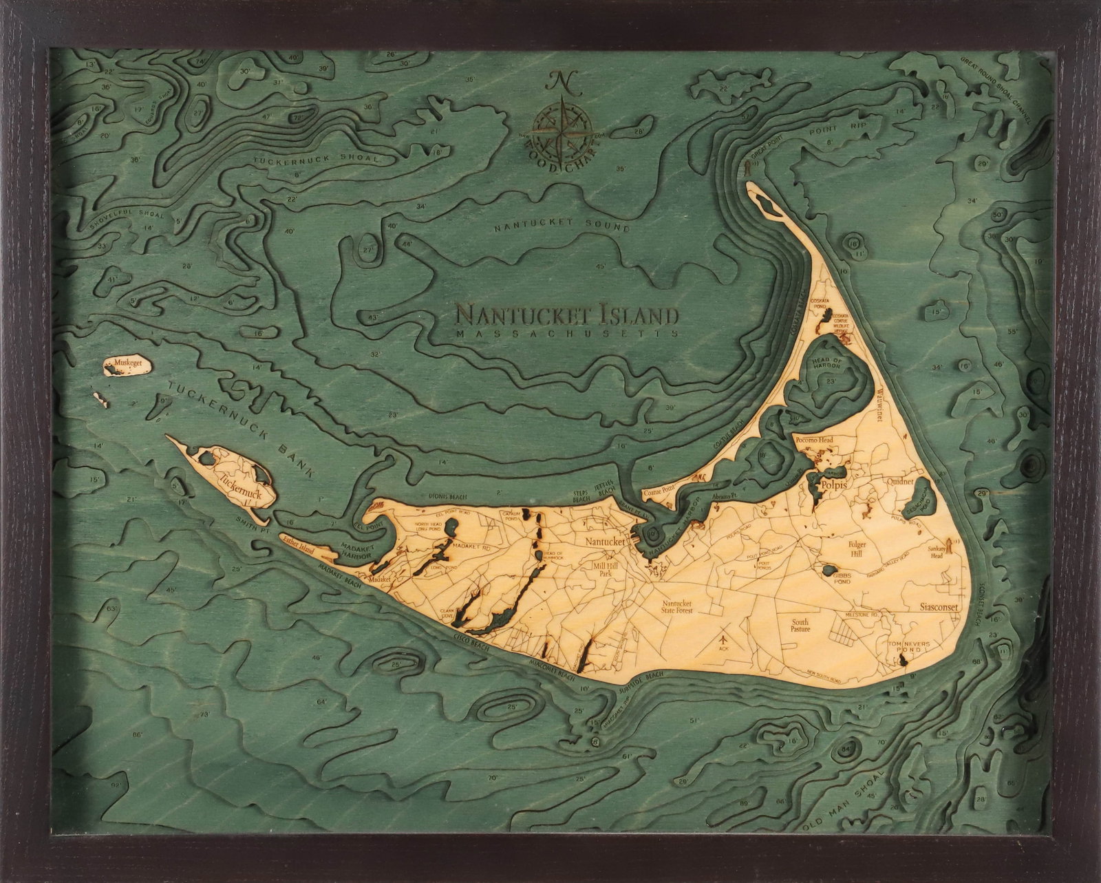 Three Dimensional Carved Wood Map of Nantucket Island: Three Dimensional Carved Wood Map of Nantucket Island Overall 16.5 in. x 20 in.
