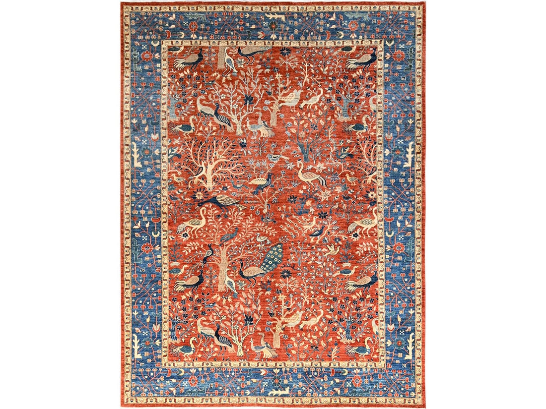Amber and Blue "Birds of Paradise" Design Hand Knotted Wool Oriental Carpet Rug: Amber and Blue "Birds of Paradise" Design Hand Knotted Wool Oriental Carpet Rug 9 ft. x 11 ft. 8 in.
