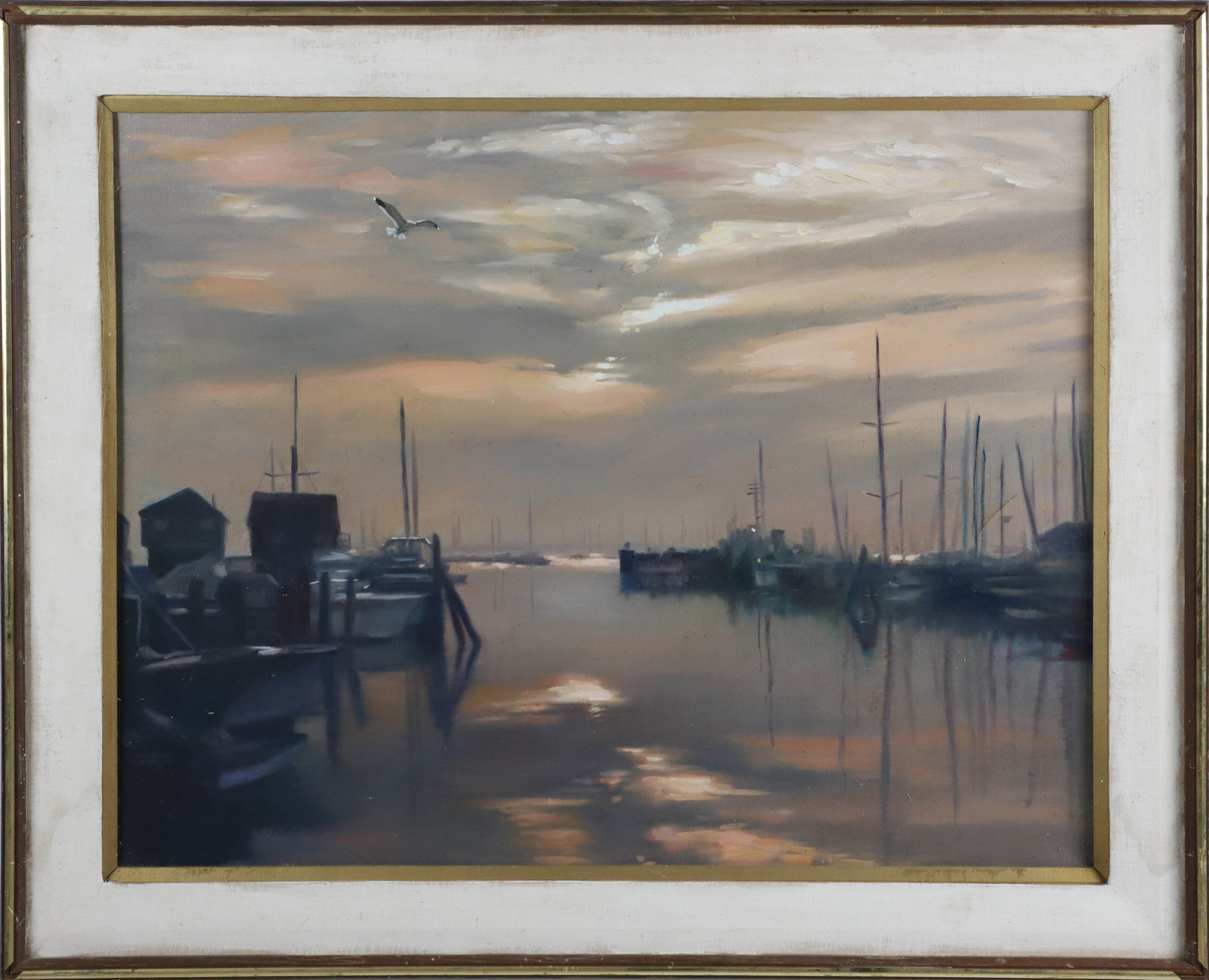 Paul Longenecker Oil on Canvas "Nantucket Boat Basin at Dusk": Paul Longenecker (American 1920-2008) Oil on Canvas "Nantucket Boat Basin at Dusk", signed lower left Paul Longenecker, in wood frame with gilt liner 24 in. x 30 in. framed 30 in. x 36 in.
