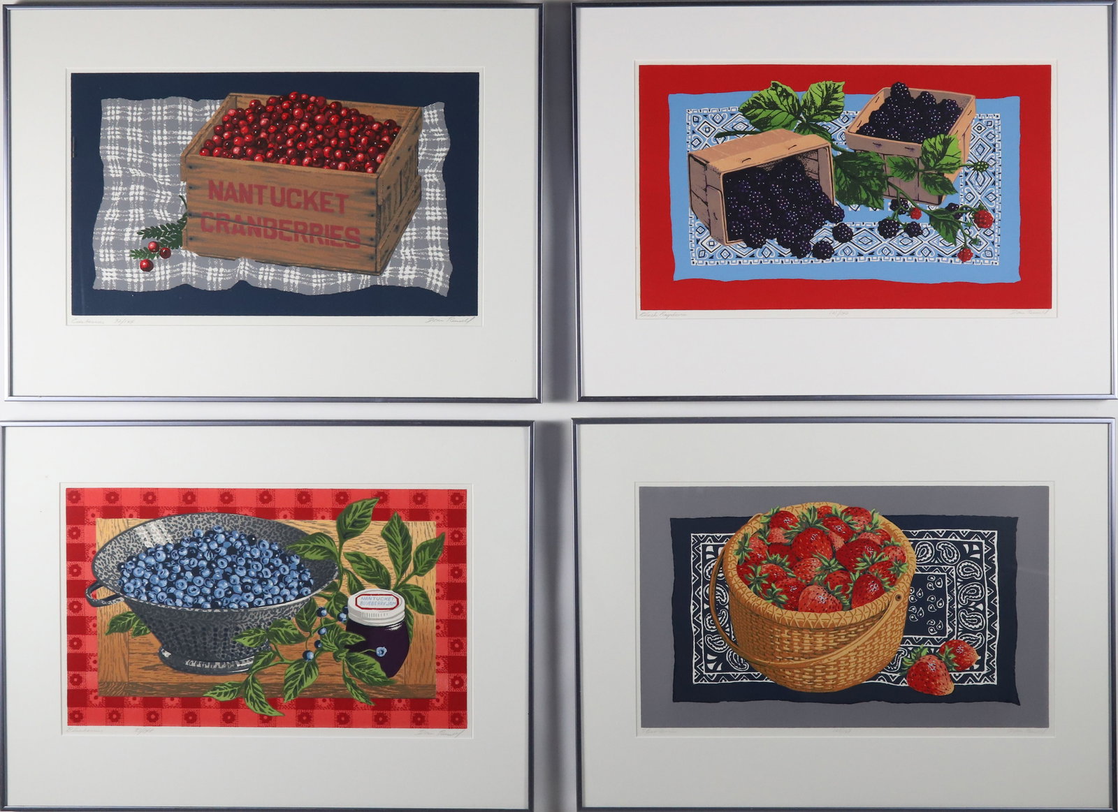 Set of Four Donn Russell Limited Edition Fruit Silkscreens: Set of Four Donn Russell Limited Edition Silkscreens Black Raspberries #101/140 Strawberries #108/144 Blueberries #37/144 Cranberries #92/144Sight 12 in. x 20 in. Each Framed19 in. x 27 in.