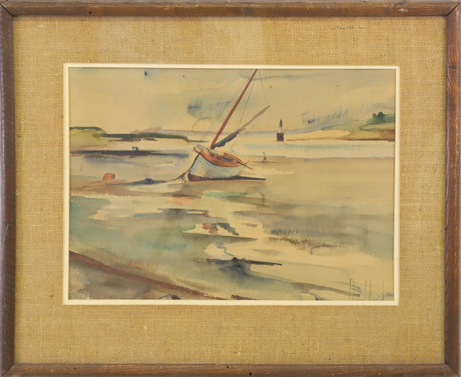 C. Robert Perrin Watercolor on Paper "Sailboat at Rest": C. Robert Perrin (1915-1999) Watercolor on Paper "Sailboat at Rest", signed C. Robert Perrin lower right, in burlap mat and thin wood frame. 13 in. x 18.5 in. Framed 21 in. x 26 in.