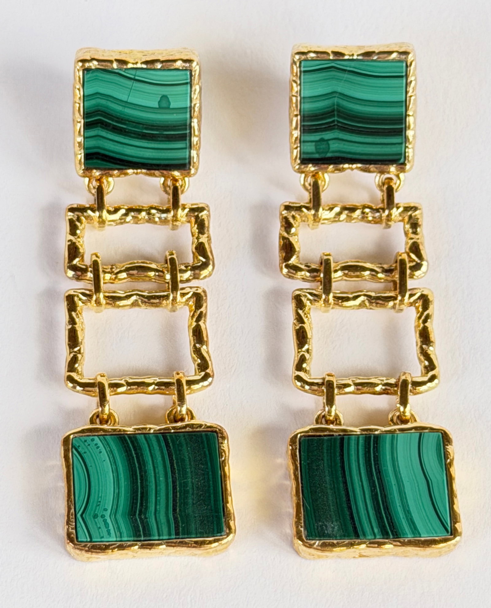 Pair of "Cubist" Malachite Sterling Silver Vermeil Dangle Earrings: Pair of "Cubist" Malachite Sterling Silver Vermeil Dangle Earrings Length 2.25 in.