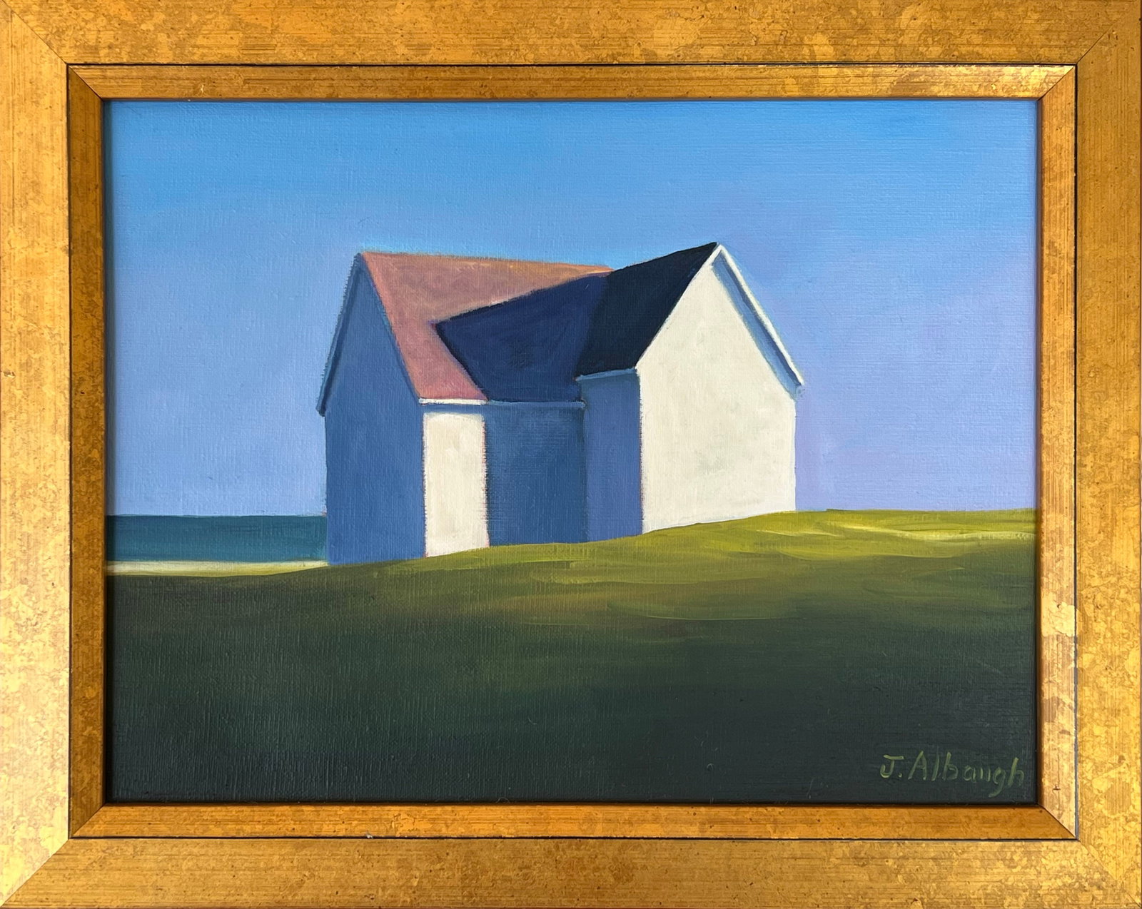 Joan Albaugh Oil on Canvas "Afternoon Shadows": Joan Albaugh (American, Contemporary) Oil on Canvas "Afternoon Shadows", signed lower right J. Albaugh in gilt flat molded frame 8.5 in. x 11.5 in. Framed 11 in. x 14 in.