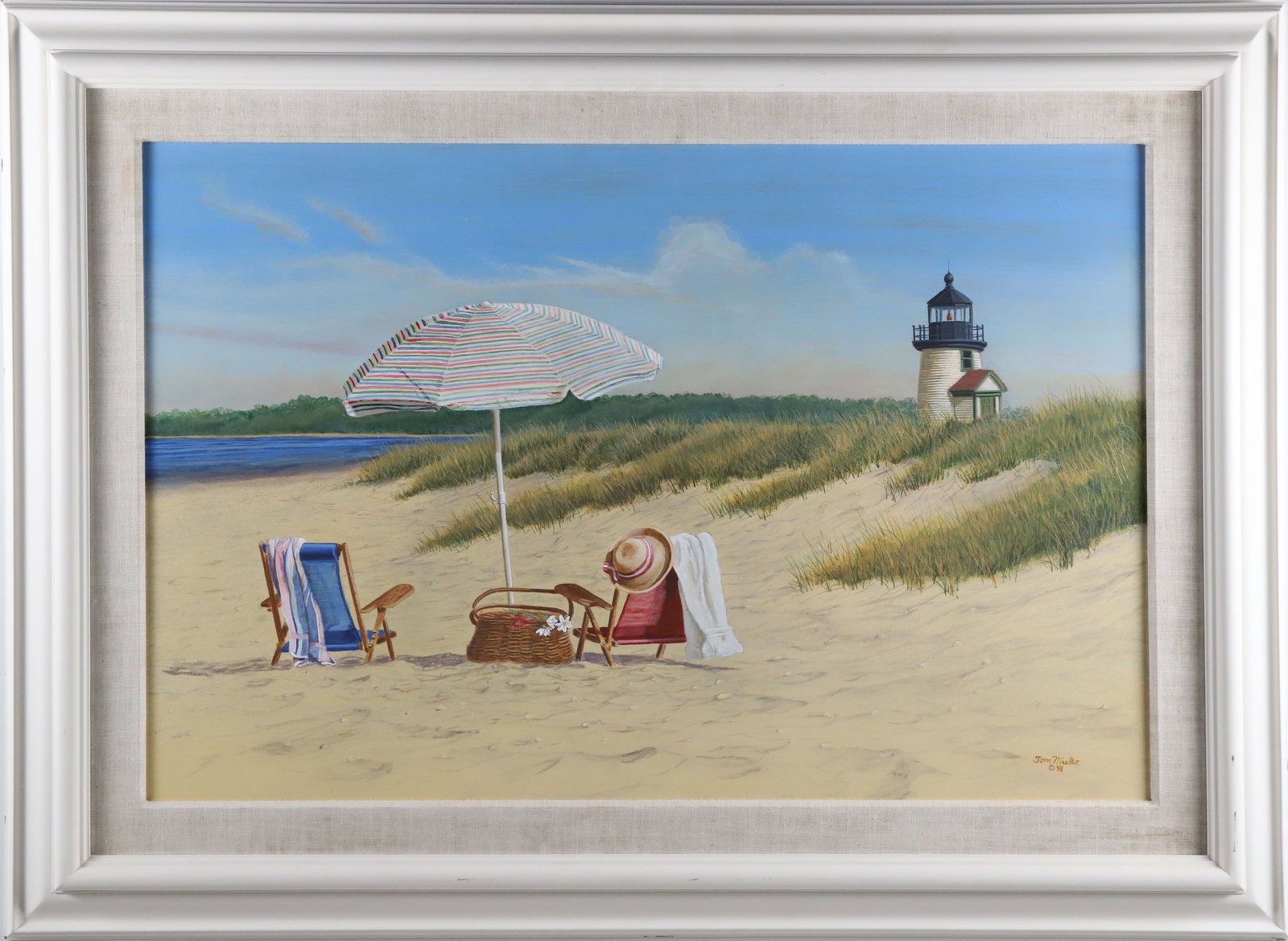 Tom Mielko Oil on Panel "Romantic Rendezvous Brant Point": Tom Mielko Oil on Panel "Romantic Rendezvous Brant Point", signed lower right Tom Mielko '98, titled on reverse, in molded white wood frame with linen liner 26 in. x 36 in. Framed 33 in. x 44 in.