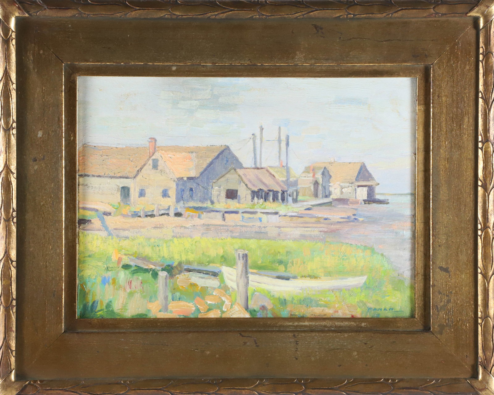 Vintage 1920s Impressionist Painting "Commercial Wharf Nantucket": Vintage 1920s Impressionist Painting "Commercial Wharf Nantucket", signed lower right Hanan, in molded gilt frame 9.5 in. x 13.5 in. Framed 15.5 in. x 19.5 in.