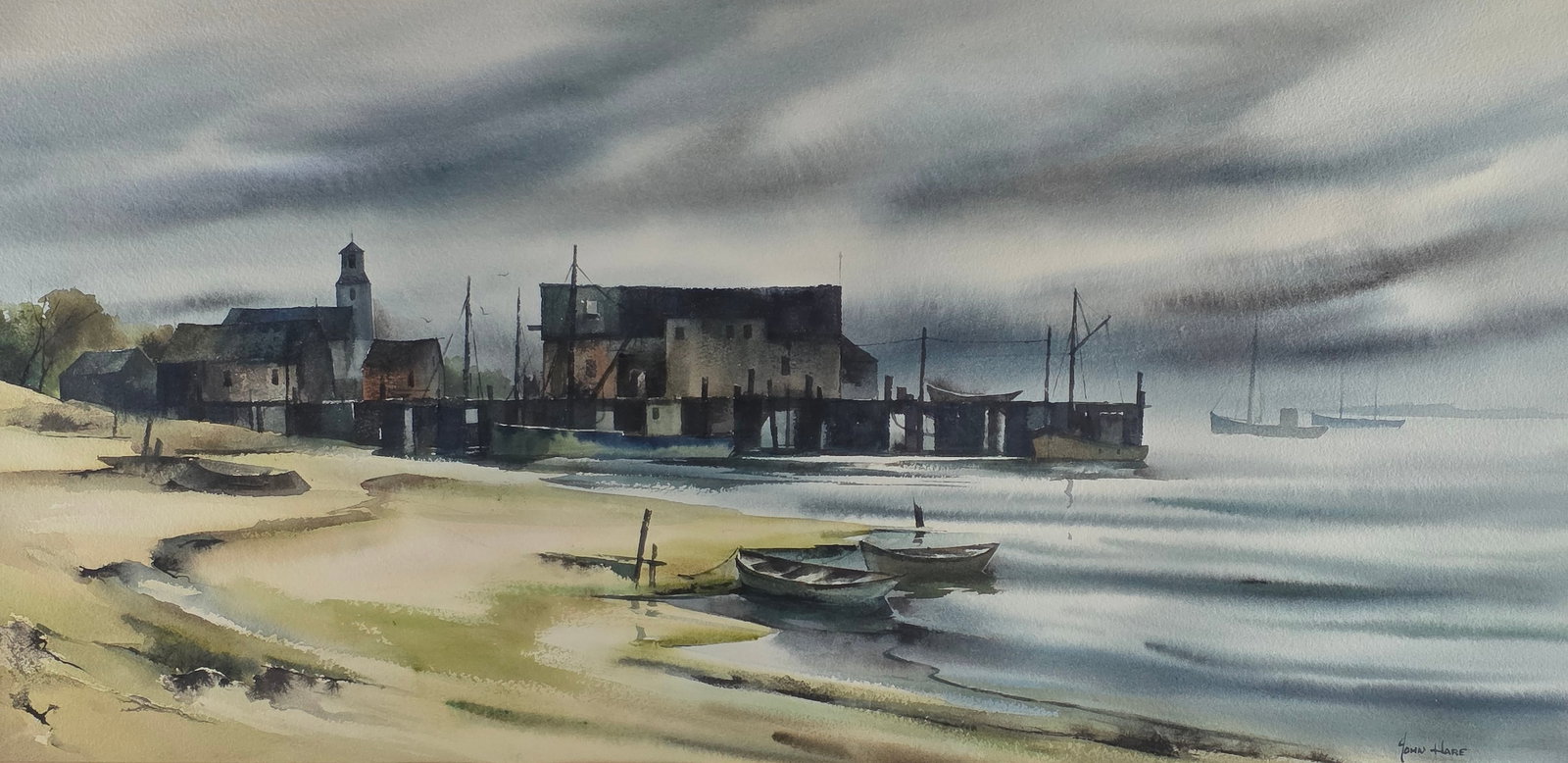 John Cuthbert Hare Watercolor on Paper “Provincetown Waterfront", Painting, 20th century: John Cuthbert Hare (Massachusetts 1908-1978) Watercolor on Paper “Provincetown Waterfront”, Painting, 20th century, signed lower right. 14.25 in. X 29 in. Overall 21.25 in. X 36.5 in.