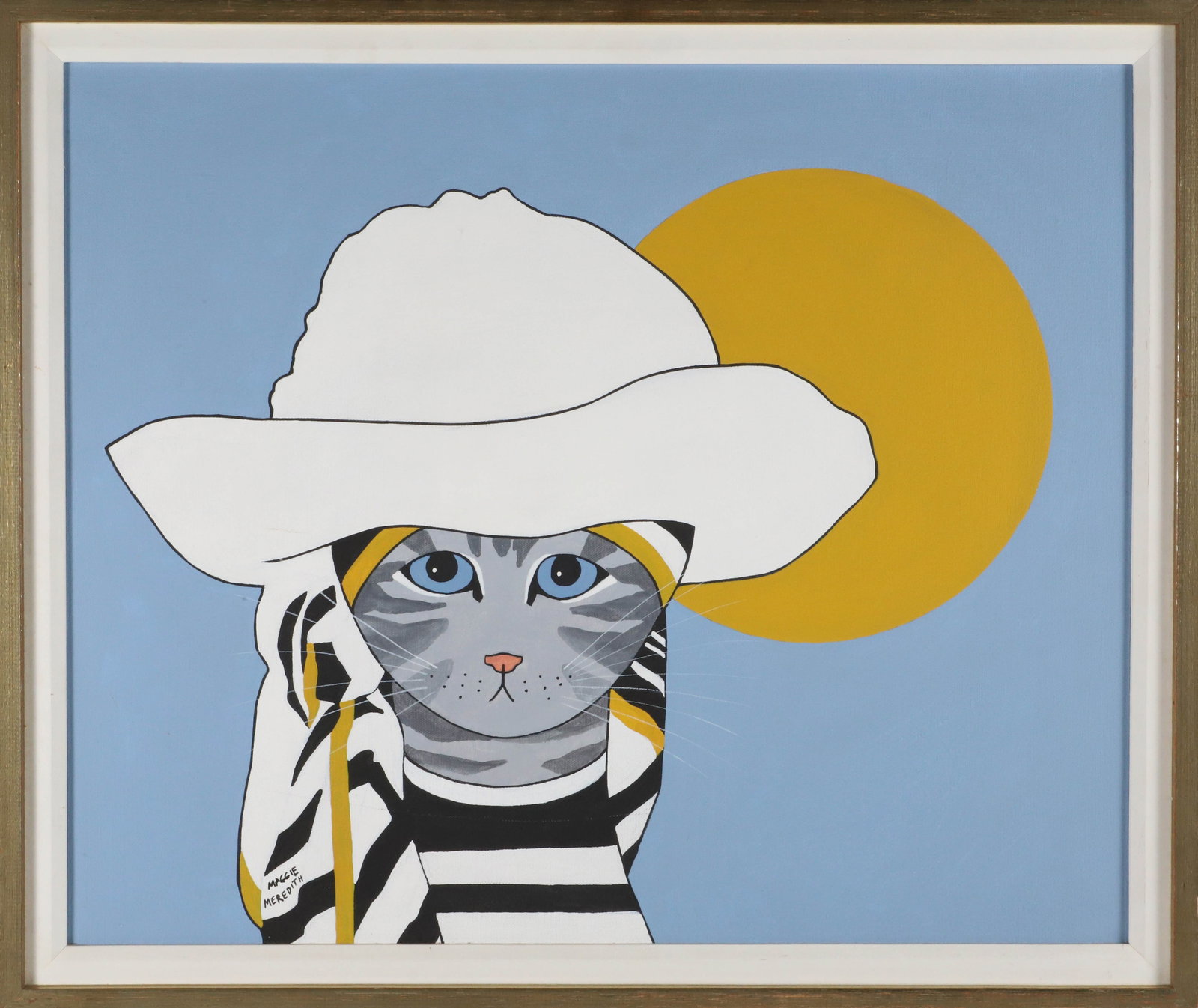 Maggie Meredith Oil on Canvas "Cat in a White Sun Hat": Maggie Meredith (1922-2012) Oil on Canvas "Cat in a White Sun Hat", with large sun shining in the background, signed lower left Maggie Meredith, in thin wood frame 20 in. x 24 in. Framed 23 in. x 27 i