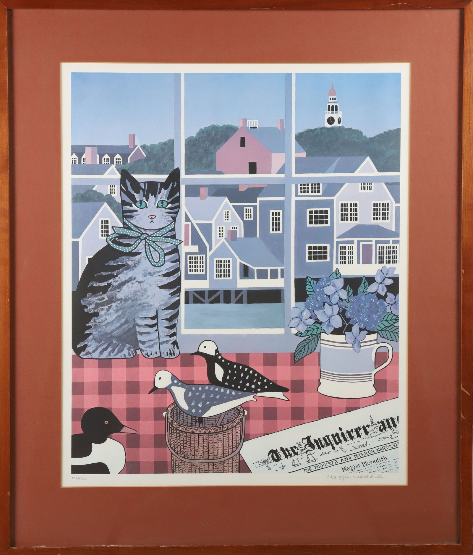 Maggie Meredith Limited Edition Lithograph "Inquirer and Mirror", Edition #4/500: Maggie Meredith (1922-2012) Limited Edition Lithograph "Inquirer and Mirror", Edition #4/500, pencil numbered and signed, matted and framed 23.5 in. x 19 in. Framed 31 in. x 26 in.