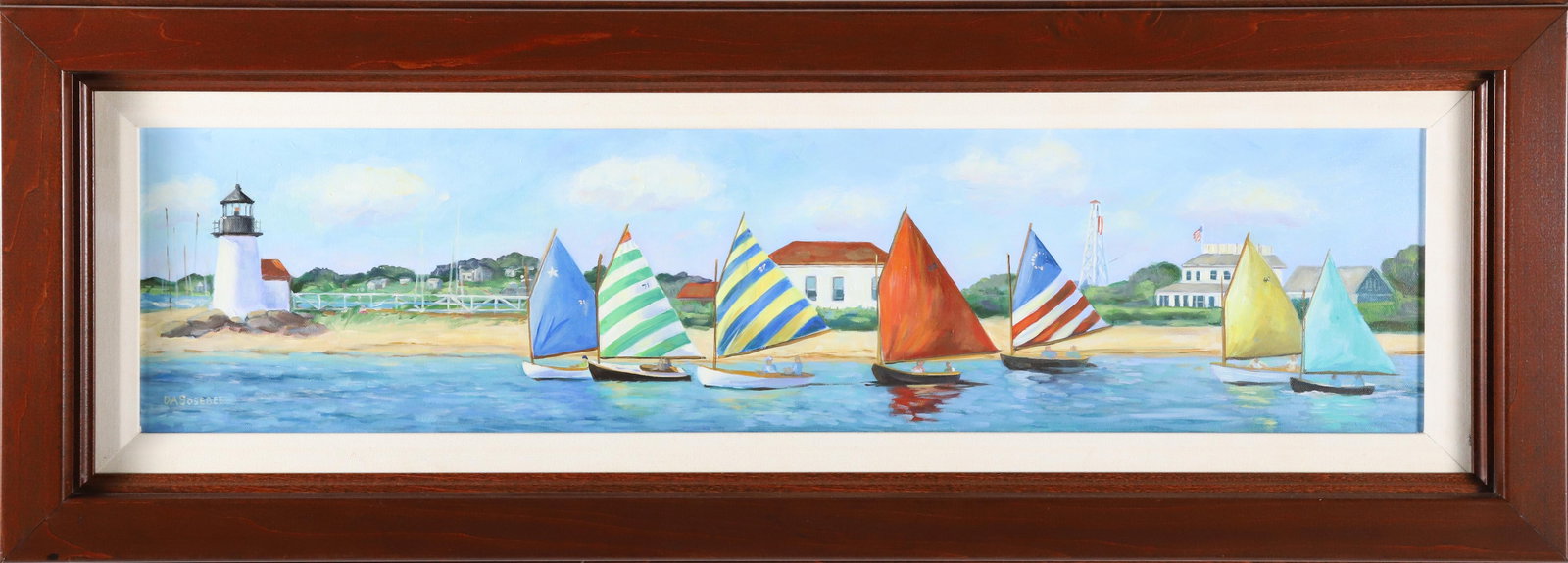 Deborah Sosebee Oil on Canvas "Rainbow Fleet": Deborah Sosebee Oil on Canvas "Rainbow Fleet", signed lower left D.A. Sosebee, linen mat and carved wood frame 8 in. x 32 in. Framed 14 in. x 38 in.