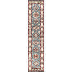 Steel Blue Kazak Style Hand Knoted Wool Oriental Carpet Runner: Steel Blue Kazak Style Hand Knoted Wool Oriental Carpet Runner, vegetable dyes, with geometric medallions design 13 ft. 8 in. x 3 ft.