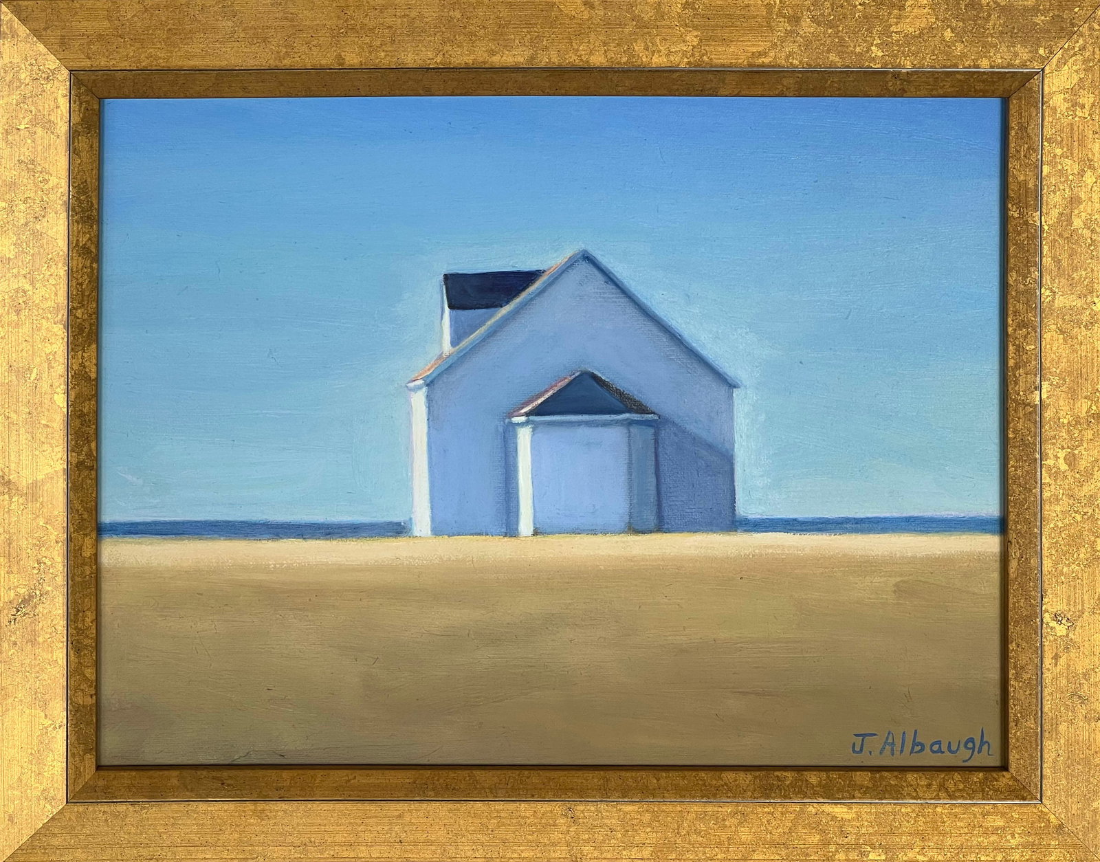 Joan Albaugh Oil on Board "Spring Brings Blue Skies": Joan Albaugh (American, Contemporary) Oil on Board "Spring Brings Blue Skies", signed lower right J. Albaugh in molded flat gilt frame 8.5 in. x 11.5 in. Framed 11 in. x 14 in.