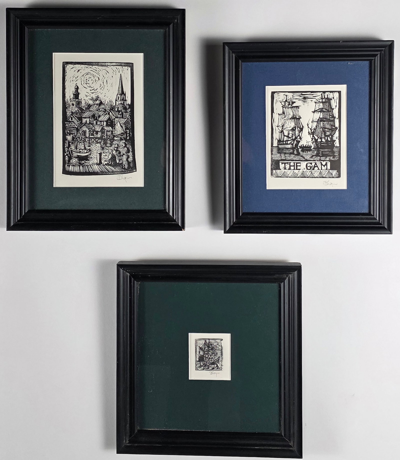 Three David Lazarus Nantucket Harbor Etchings: Three David Lazarus (British-American, b. 1952) Nantucket Harbor Etchings, all pencil signed lower right, two with clipper ship and whaling scenes. 7 in. X 4 in. Overall 12 in. X 10 in. And 2 in. X 1.