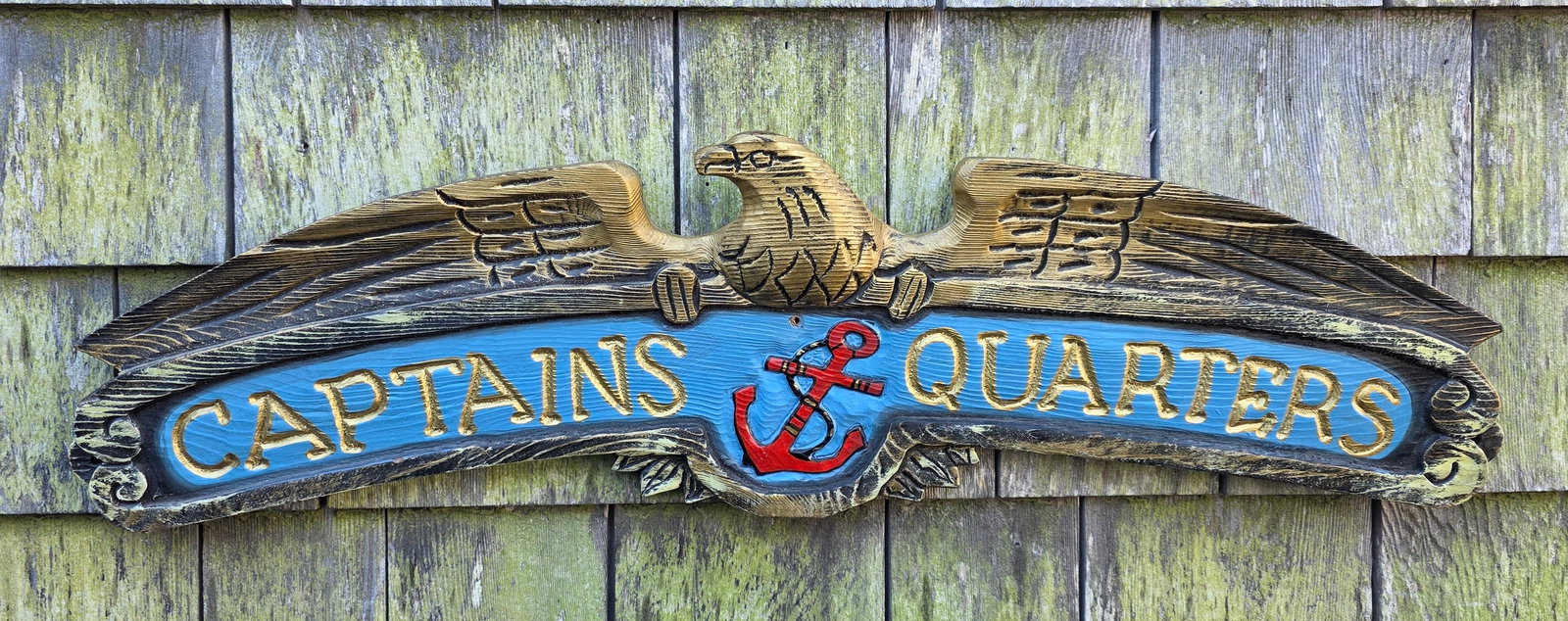 Vintage Hand Carved and Painted Nautical Captains Quarters Sign: Vintage Hand Carved and Painted Nautical Captains Quarters Sign, hand carving with American eagle and painted decoration. Height 7.5 in. Width 27 in.