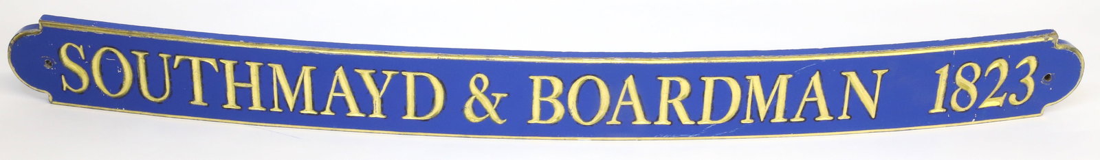 Vintage Southmayd Boardman 1823 Nautical Quarterboard Sign: Vintage Southmayd Boardman 1823 Nautical Quarterboard Sign, carved and painted, with custom slight curvature to shape. Height 5.25 in. Length 60 in.