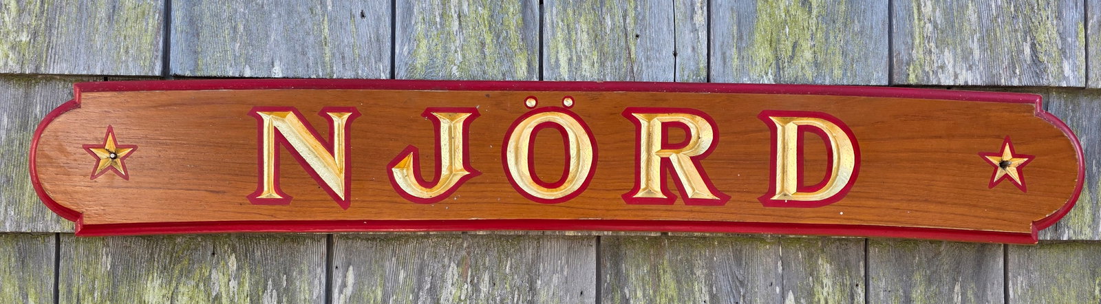 Vintage Carved and Painted, “Njörd", Quarterboard Sign, 20th century: Vintage Carved and Painted, “Njörd”, Quarterboard Sign, 20th century, solid fruitwood, flanking carved star decoration. Njord is the god of the sea, wind, and fertility, and is associated wit