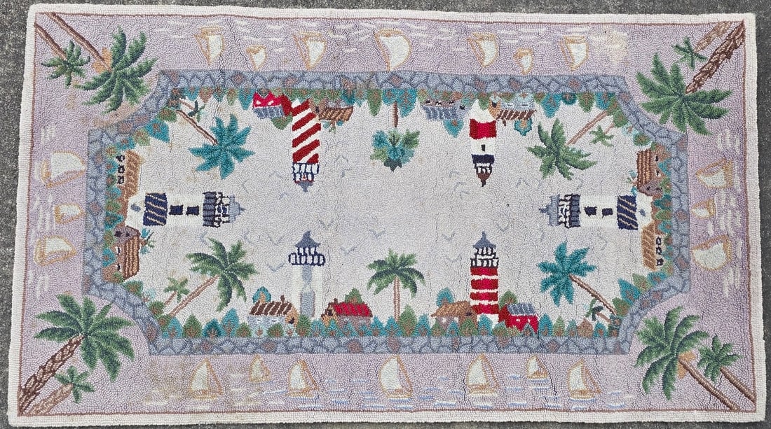 Vintage Carolina Lighthouses Hooked Rug: Vintage Carolina Lighthouses Hooked Rug, with various lighthouses, palm trees and sailboats. 30 in. x 54 in.