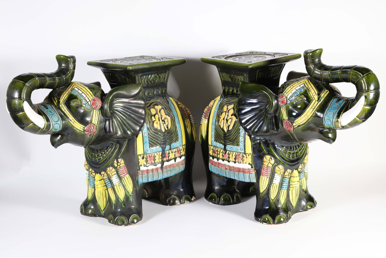 Pair of Decorative Glazed Ceramic Elephant Garden Stools (1 of 8)